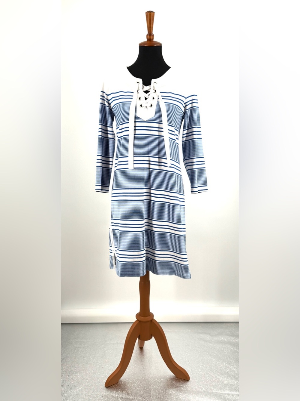 Vineyard Blue White Striped Lace Up Tie Front Neckline Cotton Dress Size S